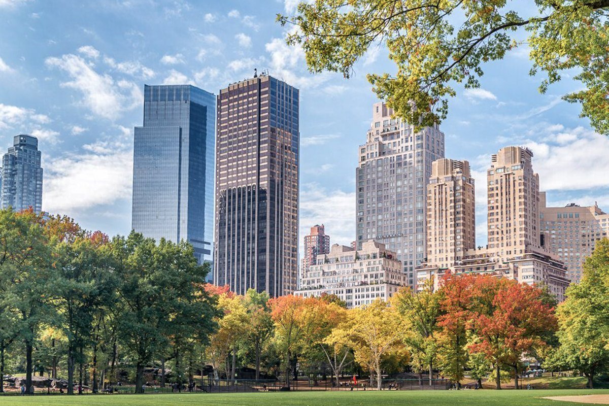 Manhattan buildings in foliage season from Central Park - New York City, USA.