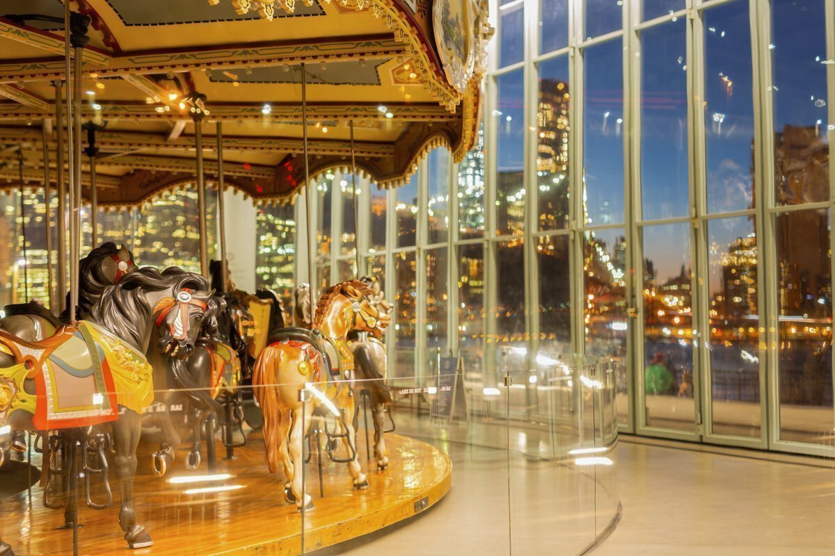 Sunset of the Brooklyn Bridge and Jane's Carousel at New York