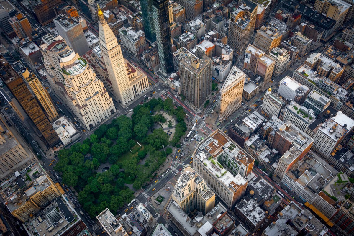 Aerial view over Madison Square Park in Midtown Manhattan, New York.