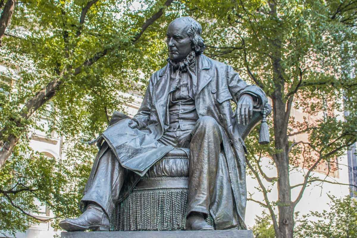 bronze statue of Horace Greeley at City Hall Park Manhattan New York City