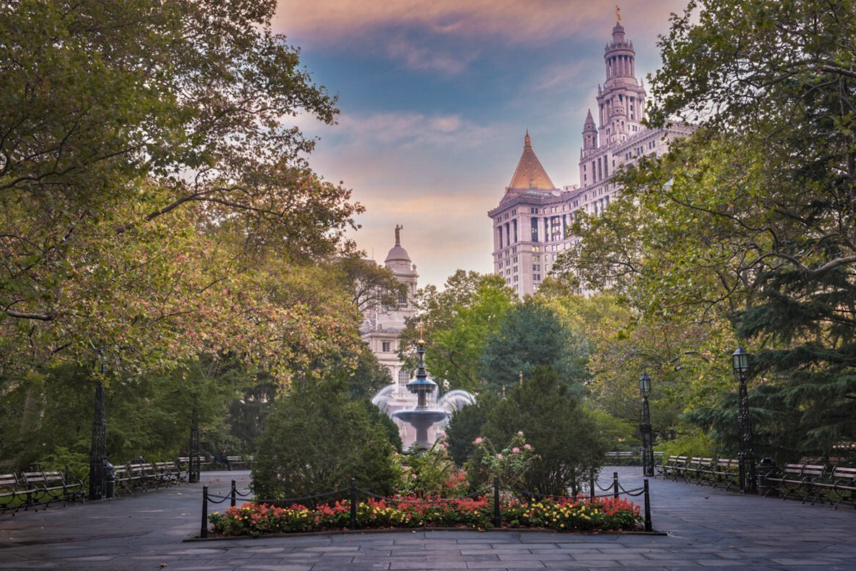 New York, USA at City Hall Park Fountain in the morning time.